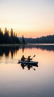 Two people kayaking on calm lake at sunrise with forested shoreline and golden sky reflected in still water, suitable for travel and outdoor recreation marketing.