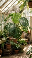 Lush tropical plants in terracotta pots arranged in rustic greenhouse with wooden shelves and natural sunlight filtering through glass panels.