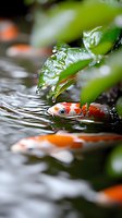 Koi fish swimming under rain-covered green leaves in garden pond. Water droplets falling from foliage create ripples as orange and white carp emerge to surface.