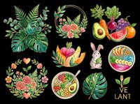 Botanical and food illustration set with tropical leaves, fresh fruits, vegetables, and floral arrangements isolated on transparent background. Ready for t-shirt design, clipart, stickers, print-on-demand products, and sublimation projects.