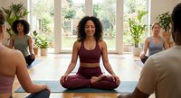 Mixed-race woman leading meditation class in bright studio with diverse group practicing mindfulness and wellness together in peaceful setting.