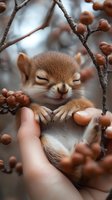 Adorable sleeping baby squirrel nestled in caring hands among autumn tree branches with red berries, soft focus nature photography capturing tender wildlife moment.