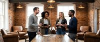 Diverse team of young professionals having casual discussion in modern loft office with exposed brick walls, wooden table, and leather seating. Corporate meeting environment.
