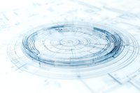 Abstract circular technical drawing in light blue tones with concentric rings and grid lines creates futuristic architectural or engineering blueprint effect.