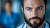 Close up portrait of confident Caucasian male doctor with blue eyes and dark beard wearing medical uniform against blurred hospital background.