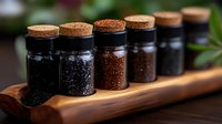 Glass jars with cork lids filled with various black and brown spices and seasonings arranged in row on wooden serving board against dark rustic background.