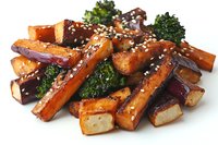 Glazed roasted root vegetables with sesame seeds and fresh herbs on white background. Colorful mix of carrots, parsnips and kale for healthy cooking recipes.