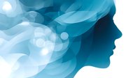 Ethereal female profile silhouette in shades of blue with flowing abstract shapes and light bokeh effects creating dreamy, spiritual atmosphere. For wellness and mindfulness designs.