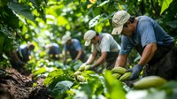 Farm workers harvesting fresh green vegetables in organic garden rows. Seasonal agricultural labor team picking produce in sunlit field with lush foliage.