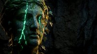 Ancient weathered stone face with glowing green lightning cracks emerging from dark rocky surface creating mystical supernatural atmosphere for fantasy projects.