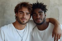 Two young diverse male friends smiling at camera wearing casual white t-shirts, expressing genuine joy and friendship in natural lighting against textured wall background.