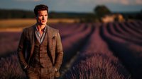 Confident Caucasian businessman in tweed suit standing in purple lavender field at sunset, conveying success and tranquility.