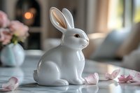 White ceramic bunny figurine on marble surface with soft pink rose petals scattered around, elegant home decor against blurred background with window light.