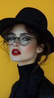 Young woman wearing black bowler hat, glasses and red lipstick against yellow background. Dramatic fashion portrait with turtleneck and loose dark hair strands.