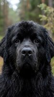 Adorable black Newfoundland puppy portrait with fluffy coat and expressive brown eyes in natural outdoor forest setting for pet photography.