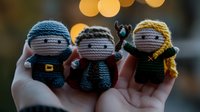 Handmade crochet fantasy characters dolls on palm with bokeh lights background, miniature amigurumi toys in medieval style costumes for collectors.