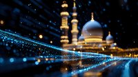 Illuminated mosque with golden minarets and blue domes reflecting in magical light trails and bokeh effects at night, creating mystical spiritual atmosphere.
