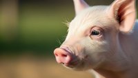 Adorable pink piglet with expressive eyes and perked ears in natural outdoor setting, farm animal portrait for agricultural and livestock content.