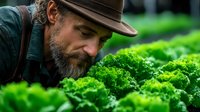 Bearded farmer in brown hat examining fresh organic kale plants growing in rows. Close-up view of quality control at sustainable vegetable farm during harvest season.