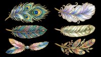 Six ornate decorative feathers with gold accents, isolated on transparent background. Great for stickers, sublimation, t-shirt design, and print on demand crafts.