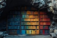 Colorful rainbow bookshelf arranged by spectrum colors inside natural cave formation, creating striking contrast between literature and raw geology.