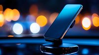 Smartphone on wireless charging pad with blurred bokeh city lights background creating modern technological atmosphere with blue and orange glow.