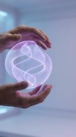 Hands protecting glowing holographic DNA double helix structure representing genetic research, biotechnology innovation and medical science advancement.