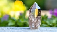 Crystal point with rainbow light reflection on natural blurred garden background, healing stone specimen on concrete surface in sunlight.
