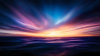Dramatic ocean horizon at dusk with vibrant purple and blue sky streaks merging into golden sunset, waves reflecting mystical light in dark waters.