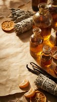 Amber glass bottles with essential oils, dried sage bundles, vanilla pods and orange slices on parchment paper for aromatherapy and natural wellness rituals.