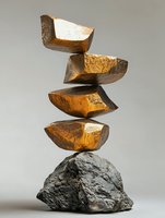 Balanced golden metallic geometric shapes stacked in precarious equilibrium on rough stone base against neutral background, creating dramatic contrast and tension.