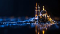 Illuminated mosque with golden dome and minarets reflecting on water surface at night, with magical bokeh lights creating dreamy atmosphere. Perfect for Ramadan designs.