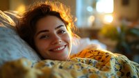 Young woman with curly hair smiling while relaxing in bed under colorful patterned blanket, illuminated by warm morning sunlight in cozy bedroom.