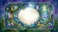 Enchanted forest frame with magical trees, glowing mushrooms and fairy lights creating mystical woodland border for fantasy designs and storytelling projects.