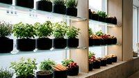 Modern indoor vertical garden with fresh herbs and vegetables growing in black containers on illuminated shelves for sustainable urban farming and home cultivation.