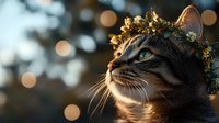 Dreamy portrait of tabby cat wearing flower crown against blurred bokeh lights background, side view of feline face illuminated by warm sunset glow.