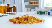 Colorful vitamin and supplement capsules scattered on white pharmacy counter with pharmacist in background. Health, wellness and pharmaceutical concept.