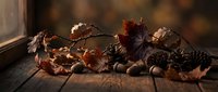 Autumn leaves, acorns, pine cones and nuts arranged on rustic wooden surface near window with warm natural lighting for seasonal home decor and harvest themes.
