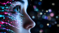 Side profile with glowing neon makeup effects and sparkling particles against dark background, featuring dramatic eye detail and ethereal lighting for beauty and fashion concepts.