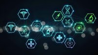 Medical healthcare technology network with glowing hexagonal icons displaying cross, DNA, stethoscope and pharmaceutical symbols on dark background.