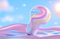 Glowing light bulb filled with swirling pastel colors against dreamy pink and blue background with floating bubbles creates magical atmosphere.