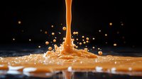 Orange liquid stream pouring and splashing on dark surface creating dynamic droplets and ripples with dramatic lighting effect against black background.