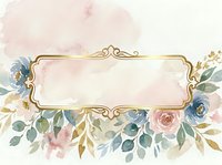 Ornate gold frame with watercolor florals and foliage in soft pink, blue, and green tones on cream background. Isolated design element suitable for invitations, greeting cards, and wedding stationery projects.