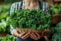 Farmer holding fresh curly kale in hands at garden, organic vegetable harvest for healthy eating and sustainable agriculture.