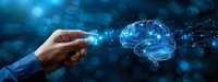 Human hand touching digital brain with glowing neural connections on blue bokeh background, representing artificial intelligence and cognitive technology.