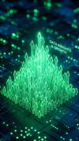 Neon green glowing cityscape with upward arrows on digital circuit board background, representing data insights and business growth in technology and analytics sector.