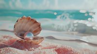 Open seashell with pearl on pink sandy beach against turquoise ocean waves and sparkling bokeh water background in soft pastel colors.