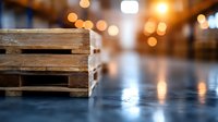 Wooden pallet on reflective surface with blurred warm bokeh lights in background creating atmospheric industrial warehouse ambiance for logistics concept.