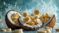 Fresh coconut halves filled with sliced bananas and splashing water drops against turquoise background, dynamic food composition with tropical fruits.