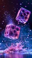 Glowing neon dice splashing into water with dynamic droplets and bubbles against cosmic starry background for gaming and entertainment concepts.
